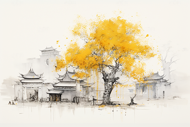 水墨江南水乡手绘插画