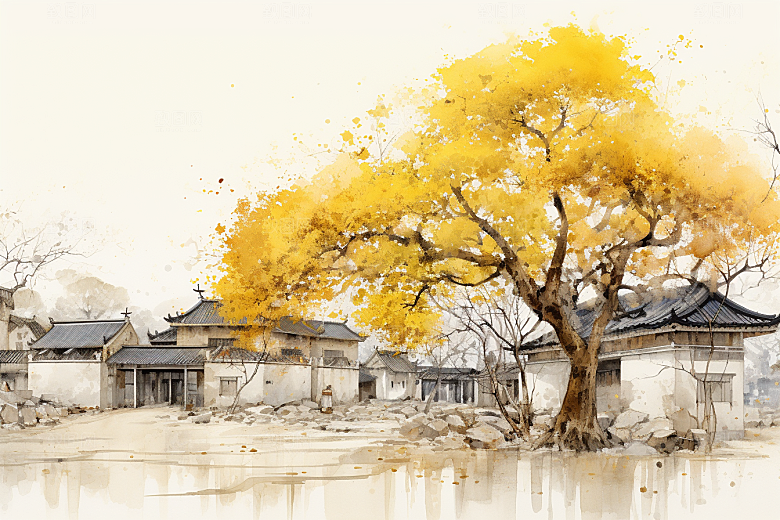 水墨江南水彩粉墙黛瓦插画