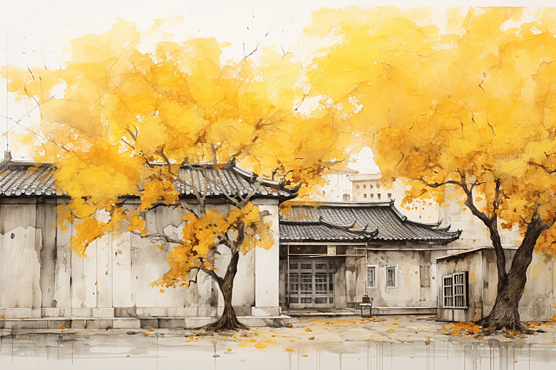 水墨江南水彩小镇插画