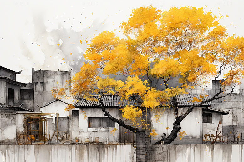 水墨江南粉墙黛瓦中式插画