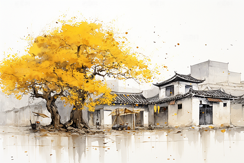 水墨江南小桥流水中国风插画