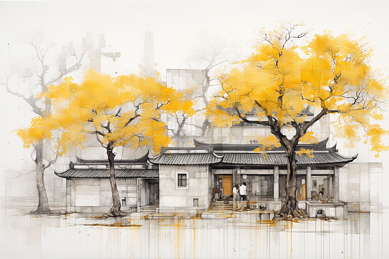 水墨江南小桥流水水乡插画