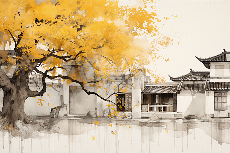水墨江南中国风粉墙黛瓦插画
