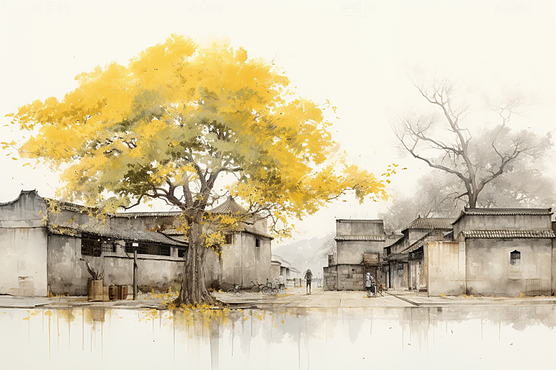 水墨江南手绘水彩插画