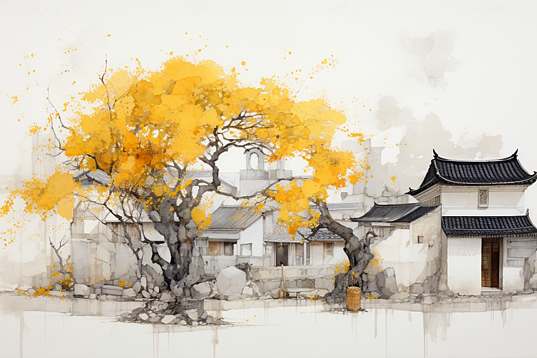 水墨江南中国风小桥流水插画