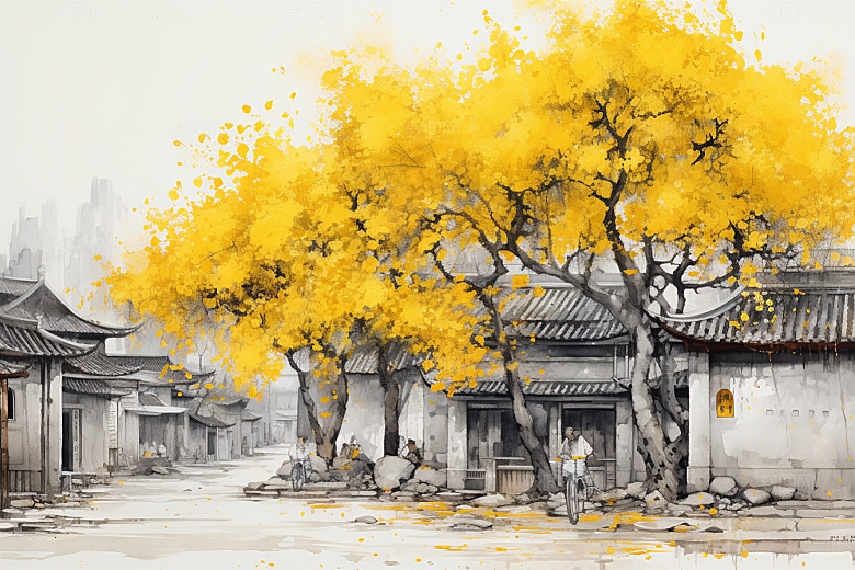 水墨江南晕染小镇插画