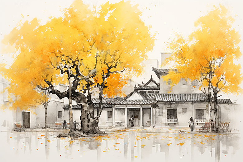 水墨江南手绘晕染插画