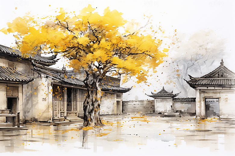 水墨江南小镇手绘插画