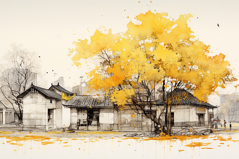 水墨江南粉墙黛瓦小镇插画