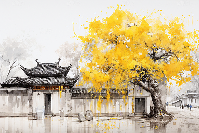 水墨江南小桥流水水彩插画