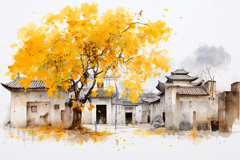 水墨江南粉墙黛瓦中式插画