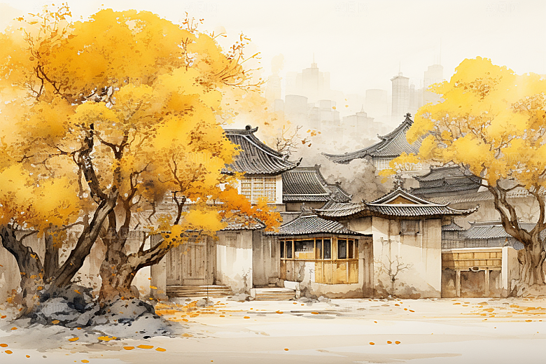 水墨江南水彩晕染插画
