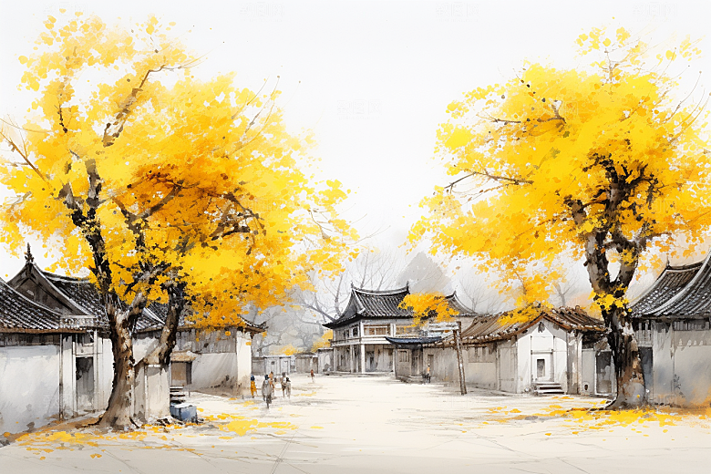 水墨江南水乡晕染插画