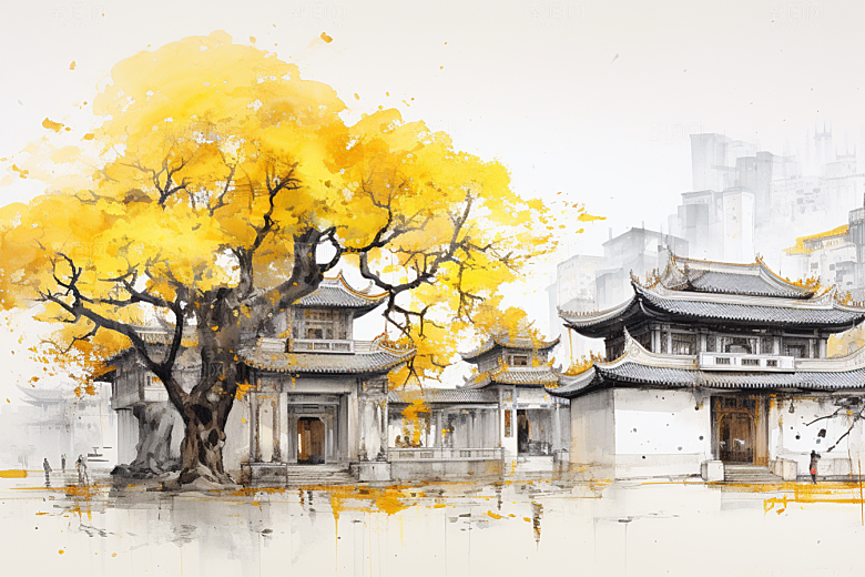 水墨江南小镇手绘插画
