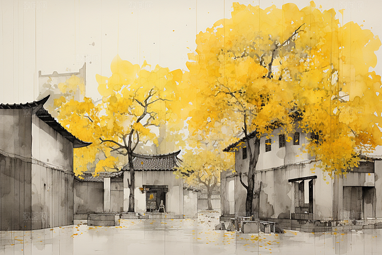 水墨江南小镇水乡插画