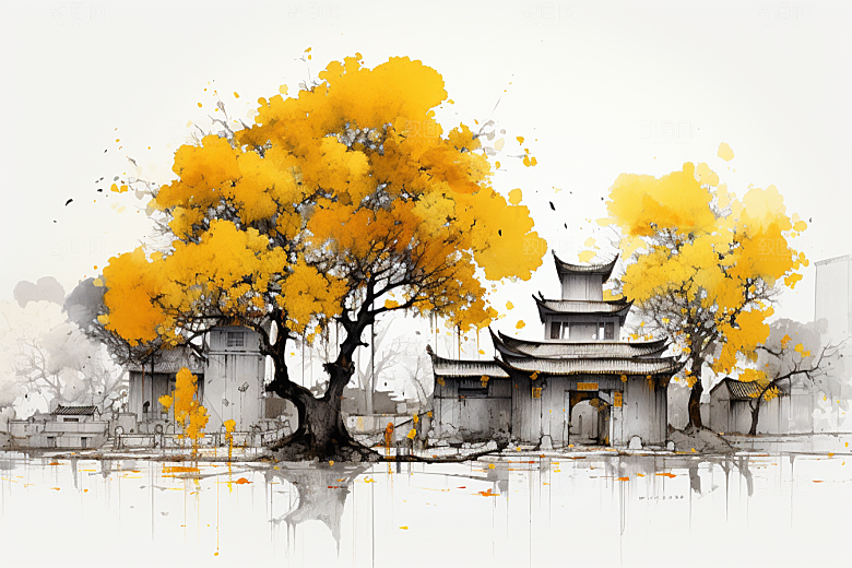 水墨江南水彩中国风插画