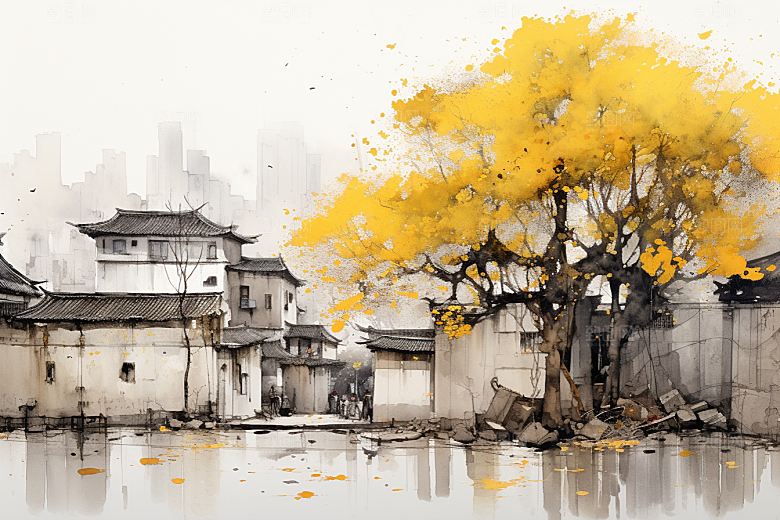 水墨江南中式粉墙黛瓦插画