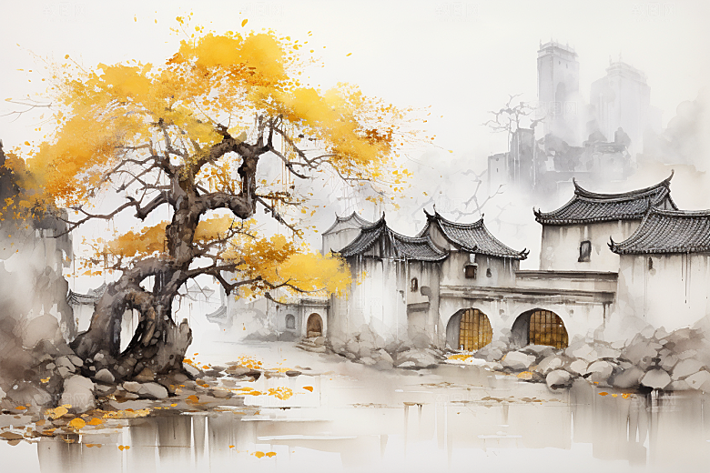 水墨江南手绘粉墙黛瓦插画