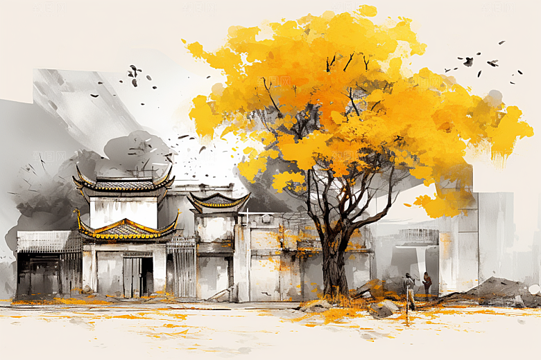 水墨江南小桥流水晕染插画