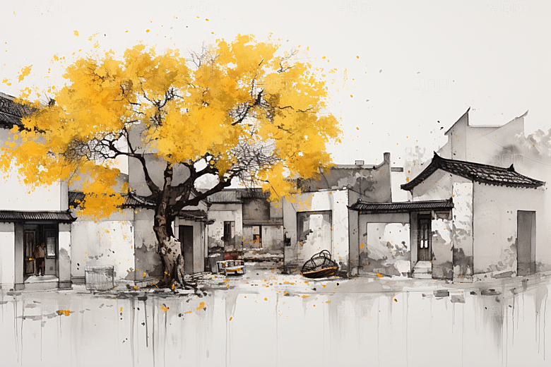 水墨江南水彩中式插画