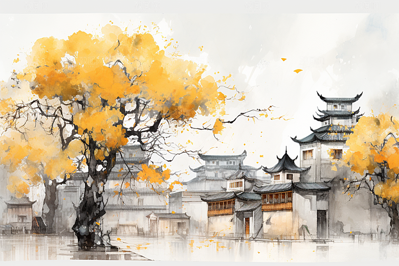 水墨江南粉墙黛瓦中式插画