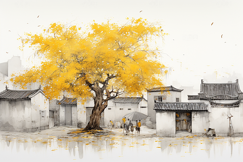水墨江南粉墙黛瓦小镇插画