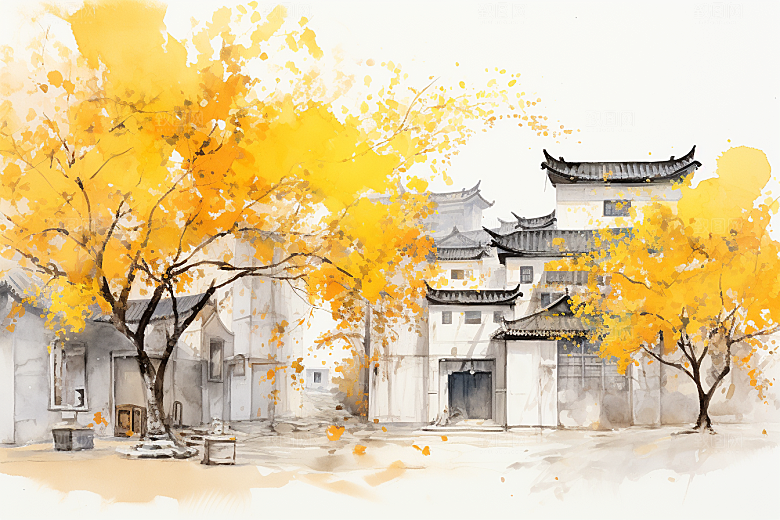 水墨江南中式小桥流水插画