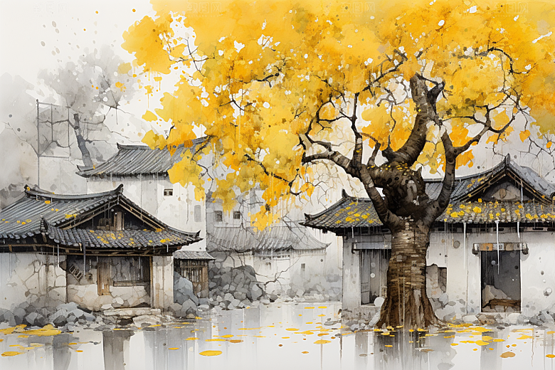 水墨江南小镇中式插画