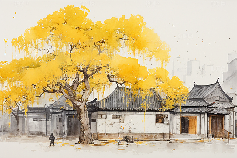 水墨江南中国风小镇插画