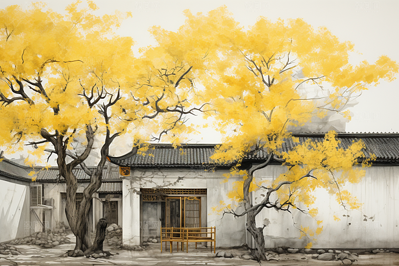 水墨江南水乡晕染插画