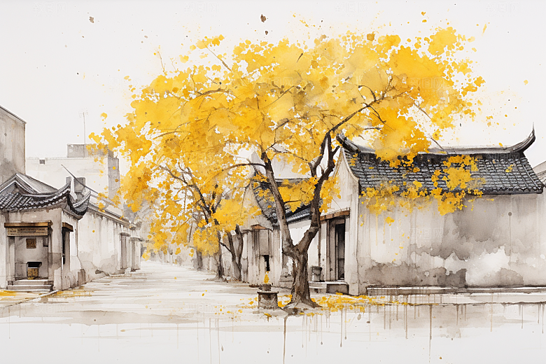 水墨江南水彩小镇插画