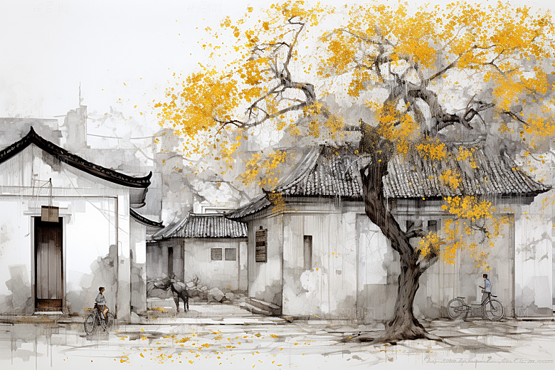 水墨江南粉墙黛瓦小桥流水插画