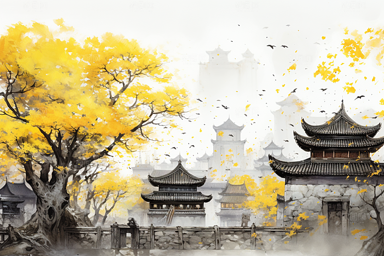 水墨江南小桥流水水彩插画