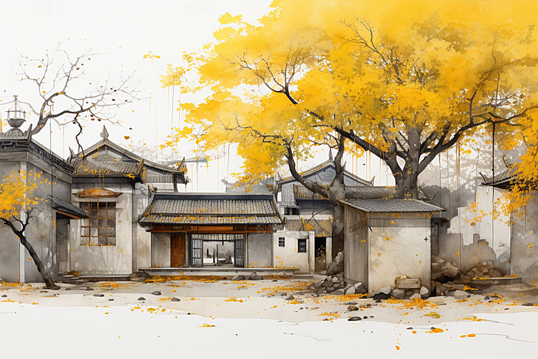 水墨江南水乡小桥流水插画