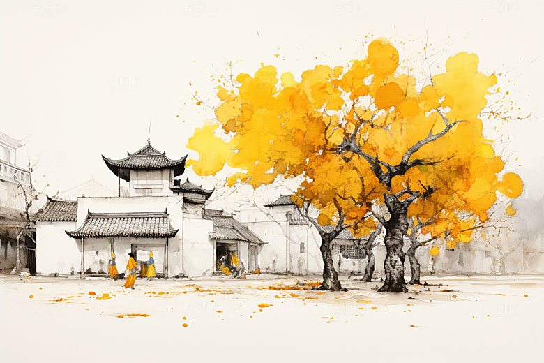 水墨江南小镇手绘插画