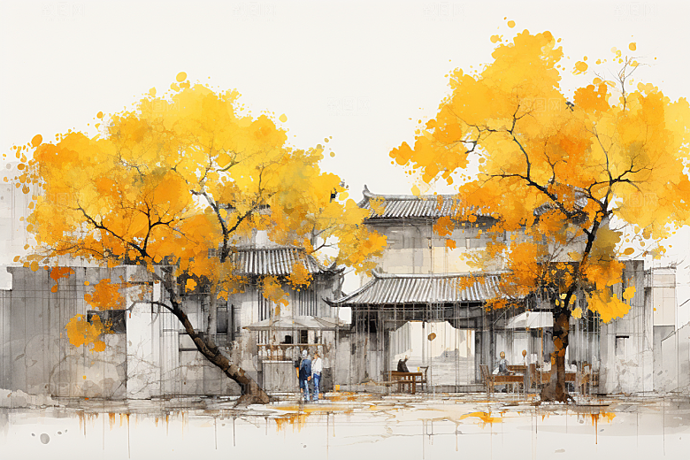 水墨江南水彩小桥流水插画