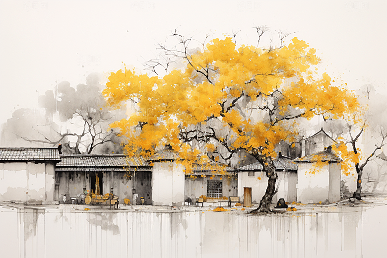 水墨江南小镇水彩插画