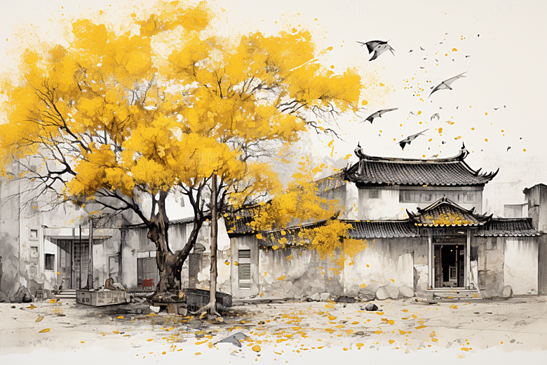 水墨江南粉墙黛瓦小镇插画