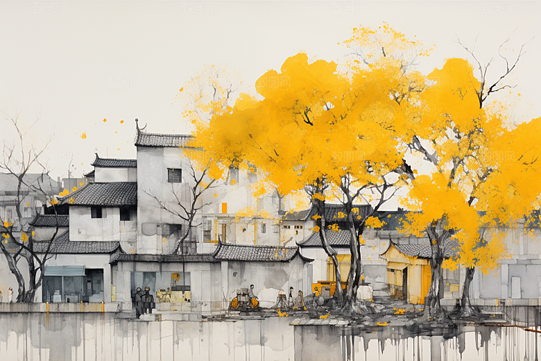 水墨江南中国风水彩插画
