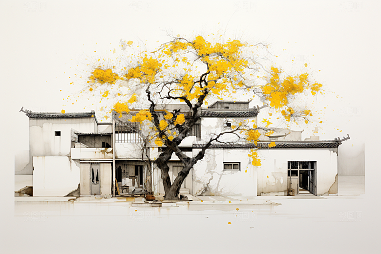 水墨江南小镇水彩插画