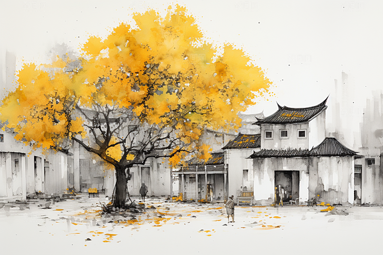 水墨江南晕染小镇插画