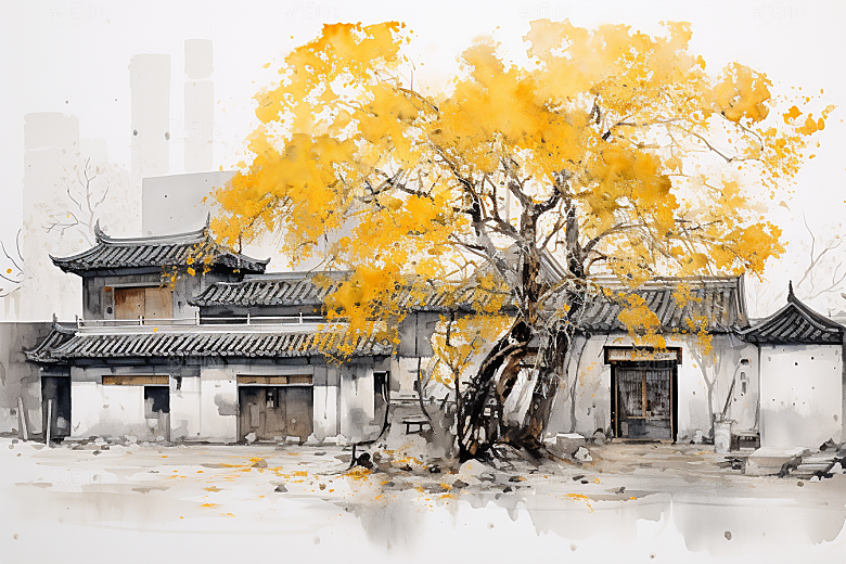 水墨江南晕染小桥流水插画