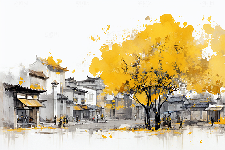 水墨江南粉墙黛瓦水乡插画