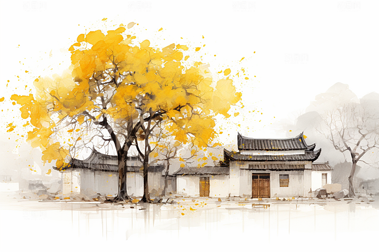 水墨江南水乡小镇插画
