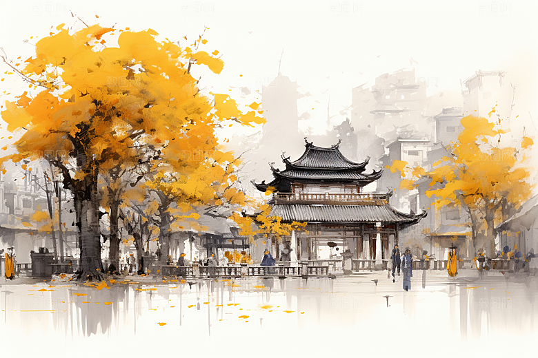 水墨江南中国风小桥流水插画