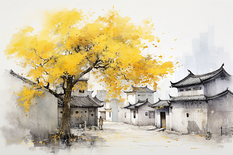 水墨江南小桥流水水乡插画