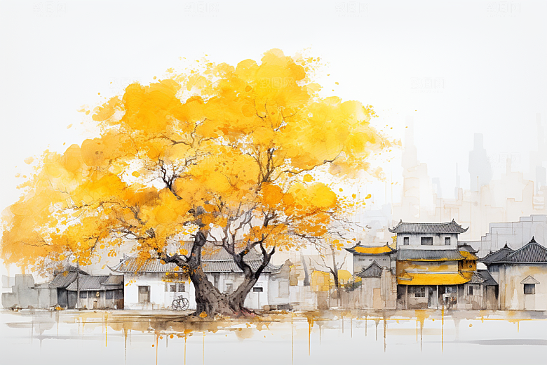 水墨江南水乡小桥流水插画
