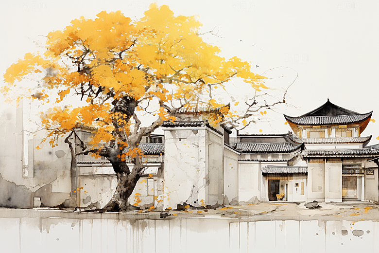 水墨江南小镇中国风插画