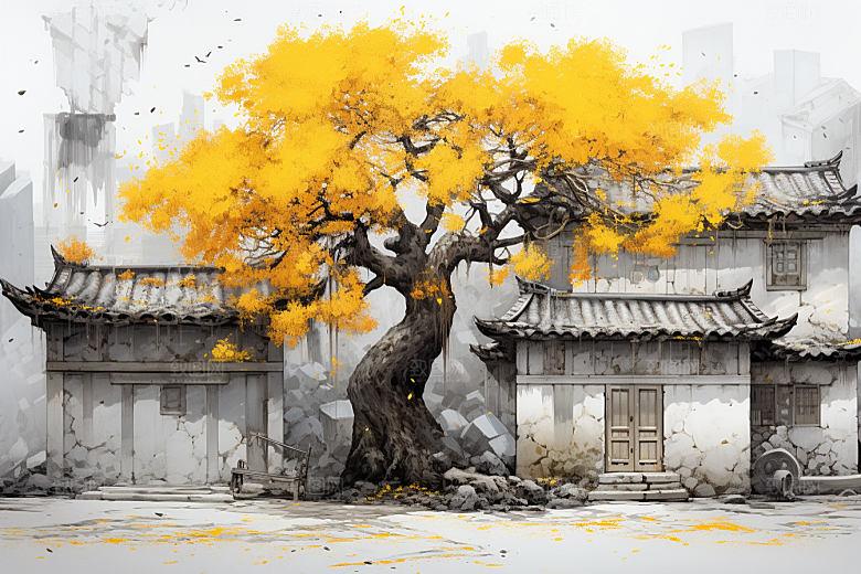 水墨江南小镇中国风插画