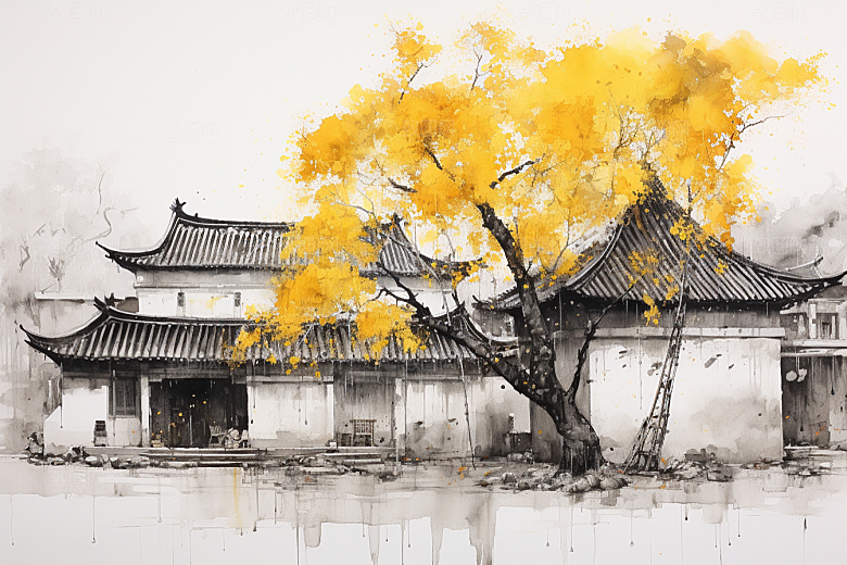 水墨江南中国风粉墙黛瓦插画